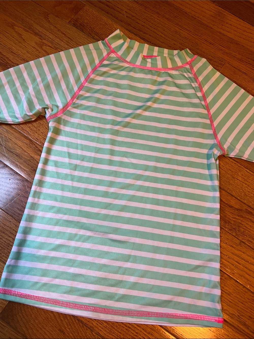 O'Rageous! Mint & White Striped Rash Guard with Pink Stitching size XS 6/6X